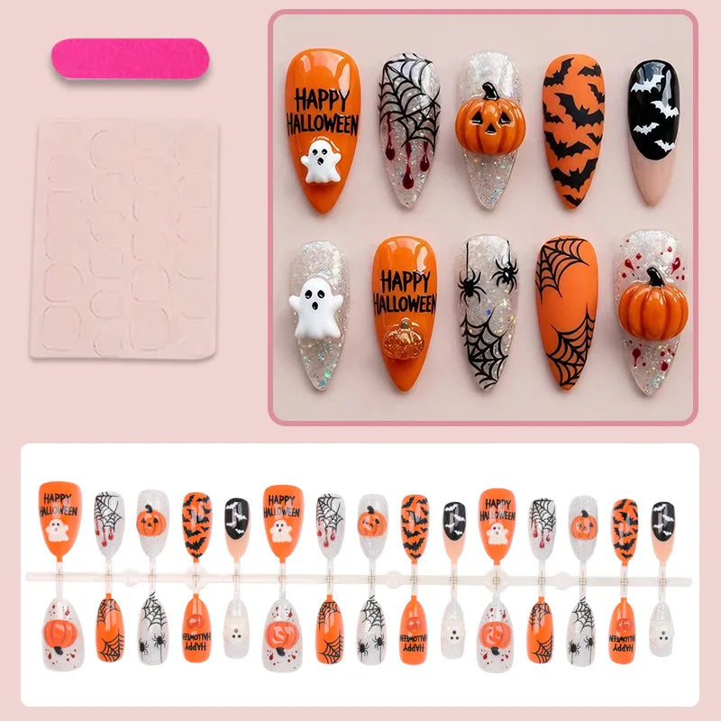 24Pcs 3D Pumpkin Ghost Press On Nails Halloween Almond False Nail Spider Web Bat Blood Design False Nail for Women&Girl