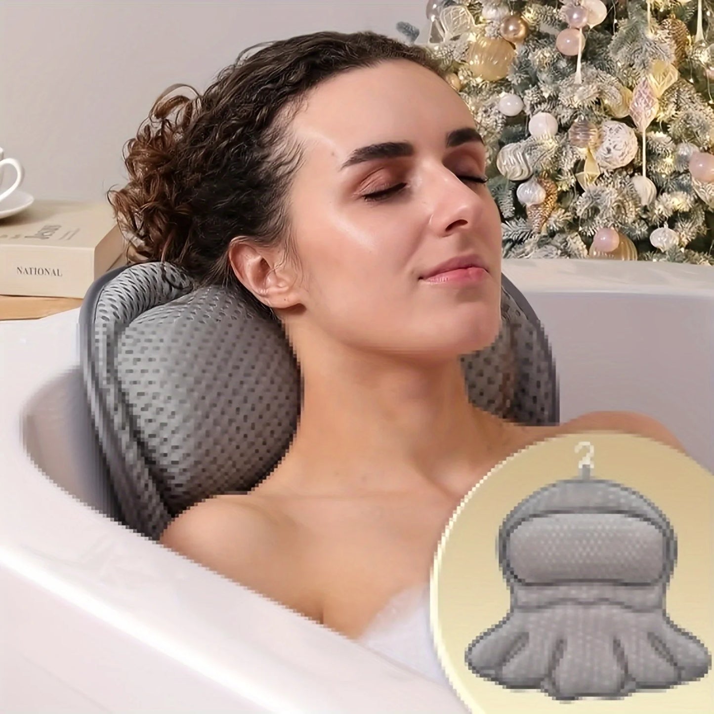 1pc Luxury Bath Pillow with 3D Air Mesh & Secure Suction | Neck/Back Support, Machine Washable, Home/Spa Use