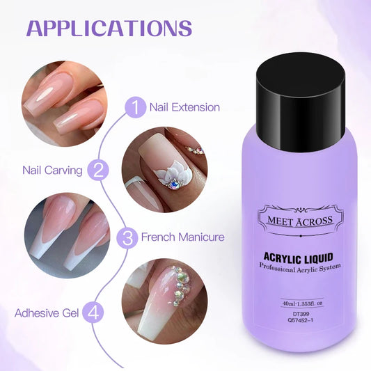 MEET ACROSS 40ml Acrylic Liquid Monomer For Nails Nail Art Carving Extension For Acrylic Powder Acrylic Crystal Liquid Manicure