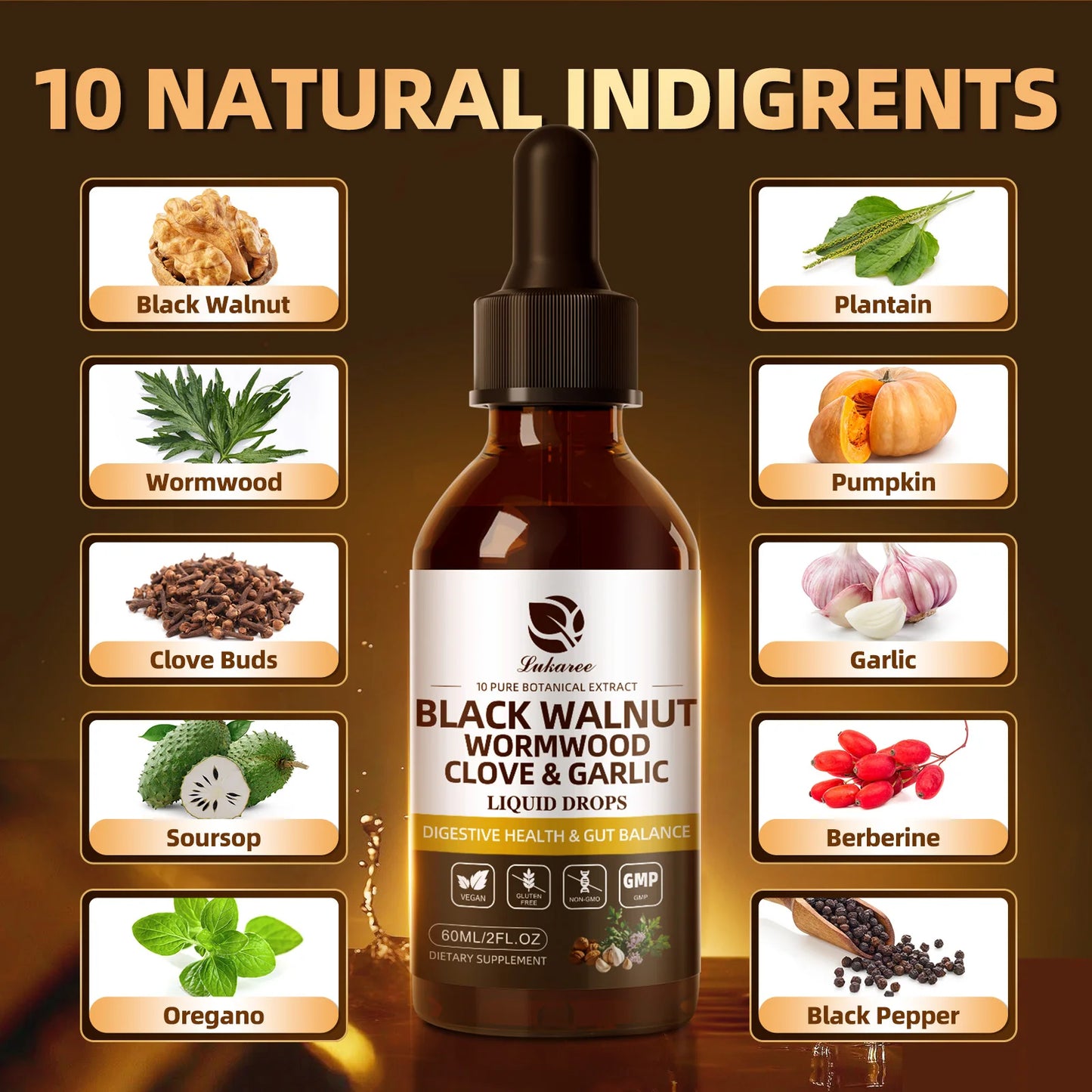 Black Walnut Wormwood Drop,Rapid Gut Cleanse & Digestive Health with Clove Garlic Turmeric 98% Absorption,Vegan Gluten-Free