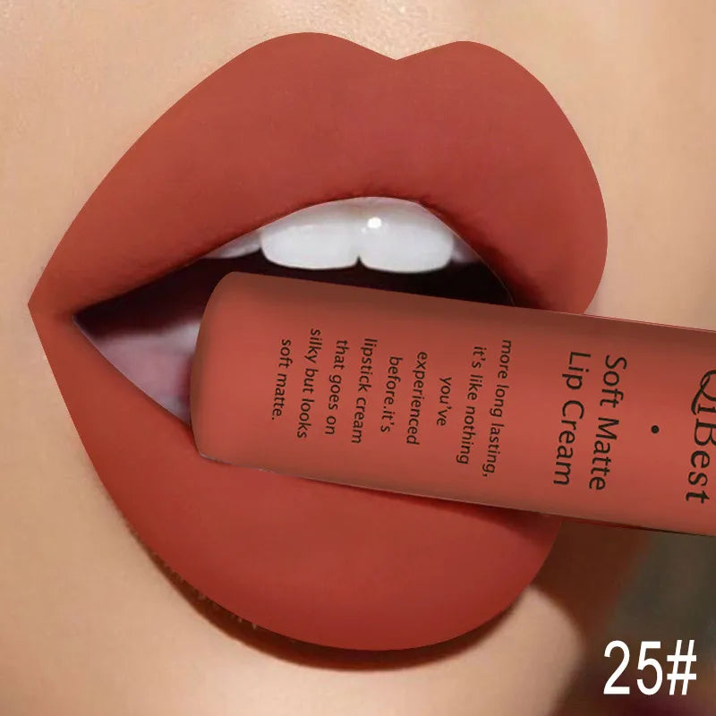 QIBEST Matte Liquid Lipstick Waterproof Lasting Velvet Lip Gloss Tint Tube Nude Pigment Red Black Purple Orange Lipsticks Makeup