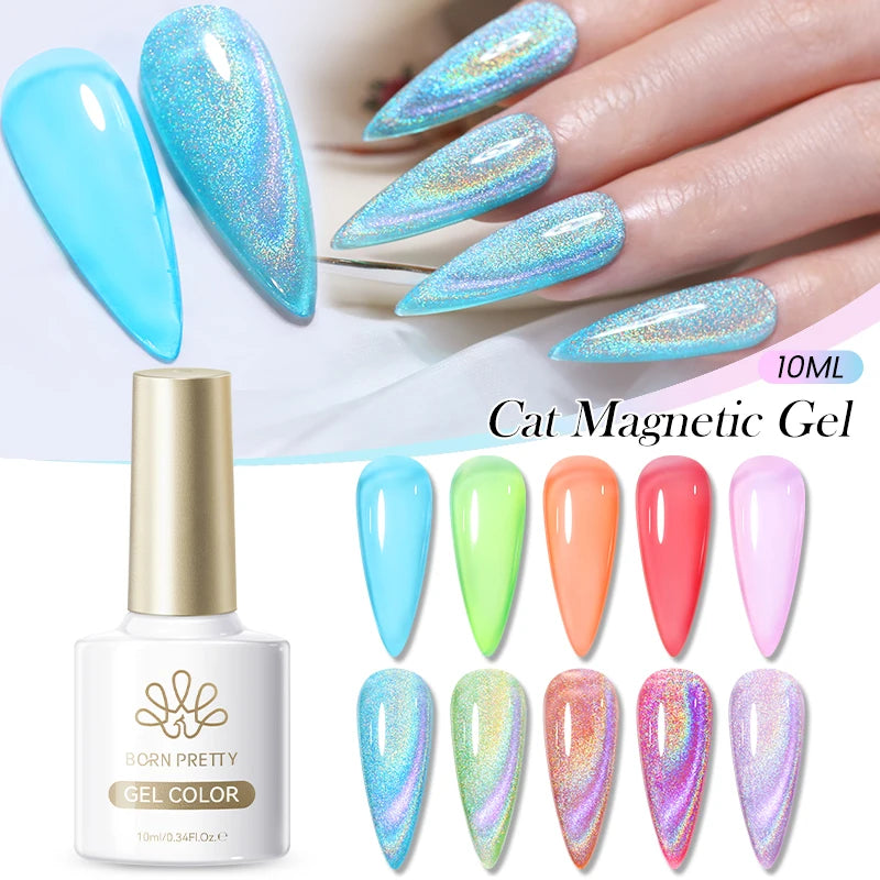 BORN PRETTY 10ml Flow Light White Cat Magnetic Gel Nail Polish Ultra Shine Soak Off UV Gel Mirror Glass Bead Gel Nail Art
