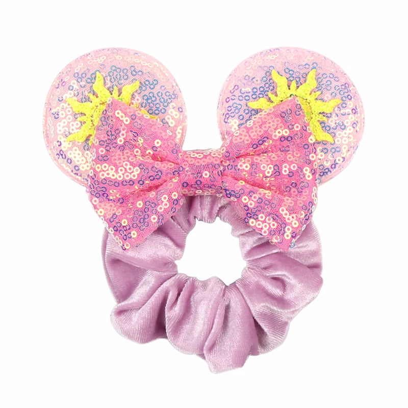 Disney Mouse Ears Velvet Scrunchies Hairband Women Elastic Ponytail Holder Girls Sequin Bow 2023 Kids Party DIY Hair Accessories