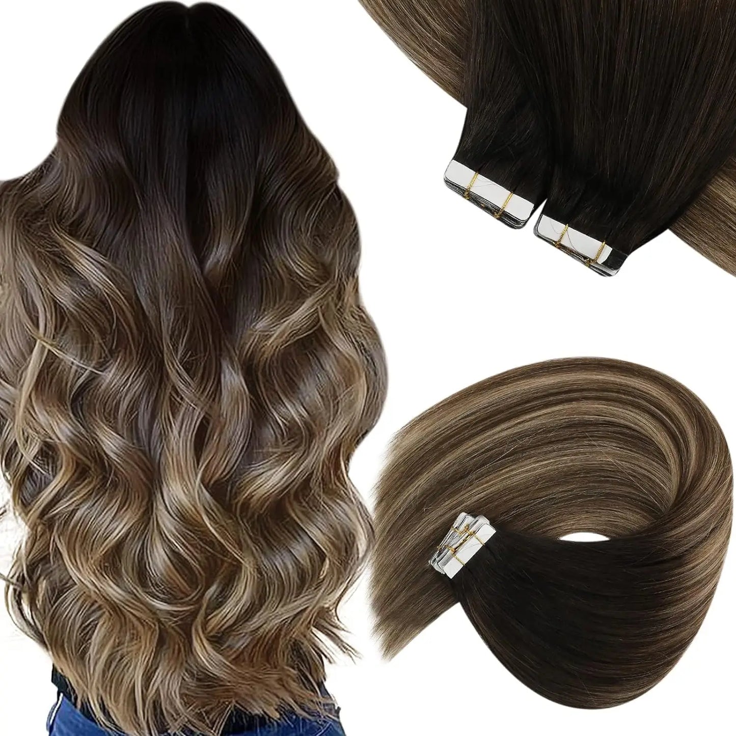 [NEW]VeSunny Tape In Hair Extensions Human Hair Real Natural Hair Balayage Color #4-14-60 Skin Weft Straight Seamless Hair