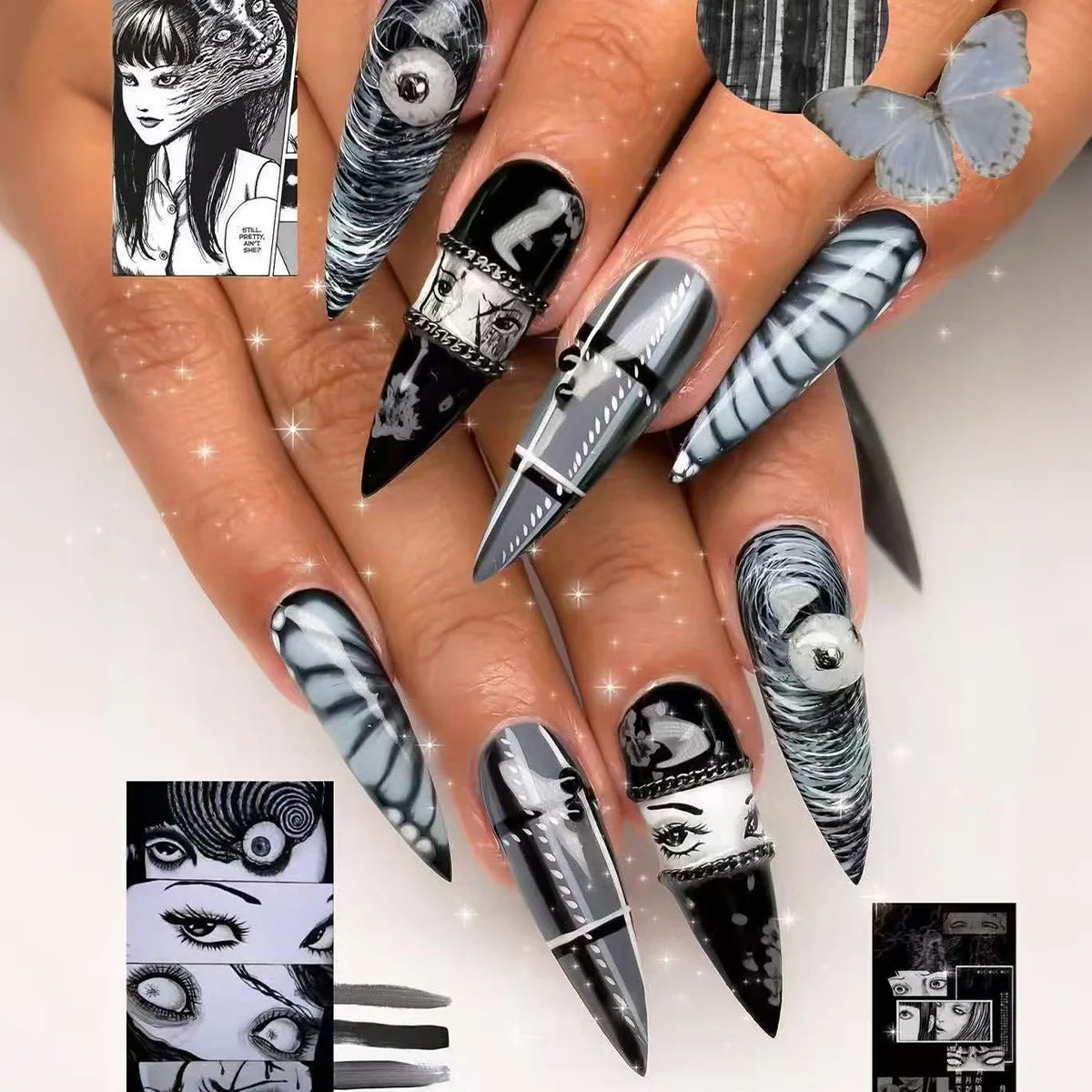 24pcs Nude Color False Nails For Halloween Blood Stained Jade Bone Long Pointed Press On Nails Acrylic Material Party Fake Nail