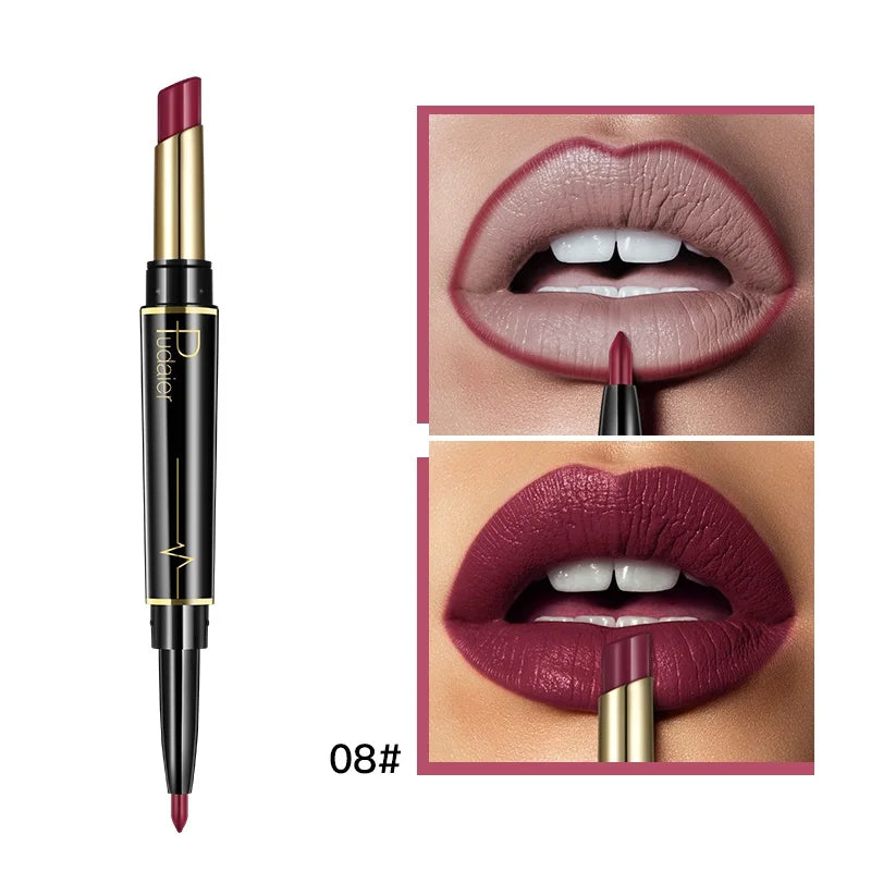 1pcs Matte Lip Liner & Lipstick, Double Ended Lip Pen Nude Makeup Tool, Long Lasting Color Rendering, Waterproof Lip Cosmetics