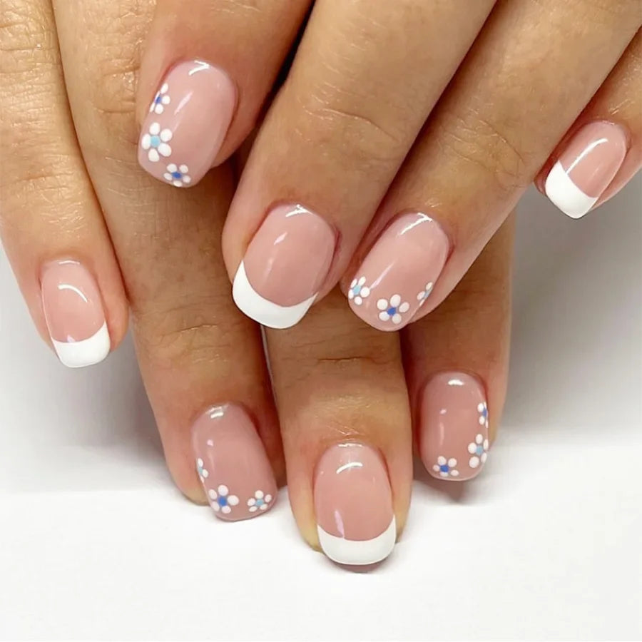 24pcs Short Square Press on Nails Jade Flower Sparkling Powder Designs Fake Nails with Glue Green Gradient Full Cover Nail Tips