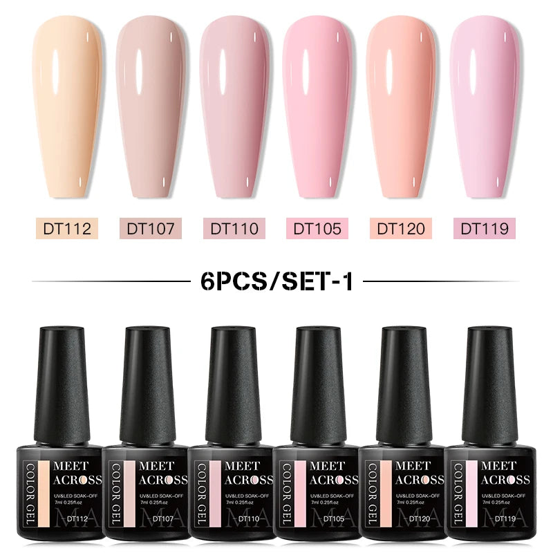 MEET ACROSS 6PCS/SET Macaron Series Gel Nail Polish Set Glitter Semi Permanent UV Nail Kit Base Matte Top Coat Nail Art Manicure