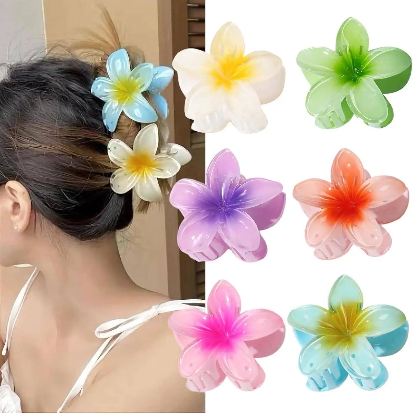 6-Pack Elegant Acrylic Plumeria Wer Claws, Large Colorful Hawaiian Hair Clips Women, Strong Grip For Weddings, Parties, Beach,