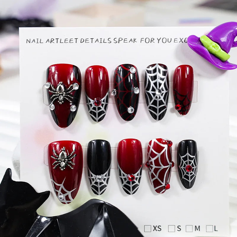 24pcs Sliver Spider Design Fake Nail Halloween Gothic Punk False Nail Tips Wearable European Heavy Metal Almond Press on Nails