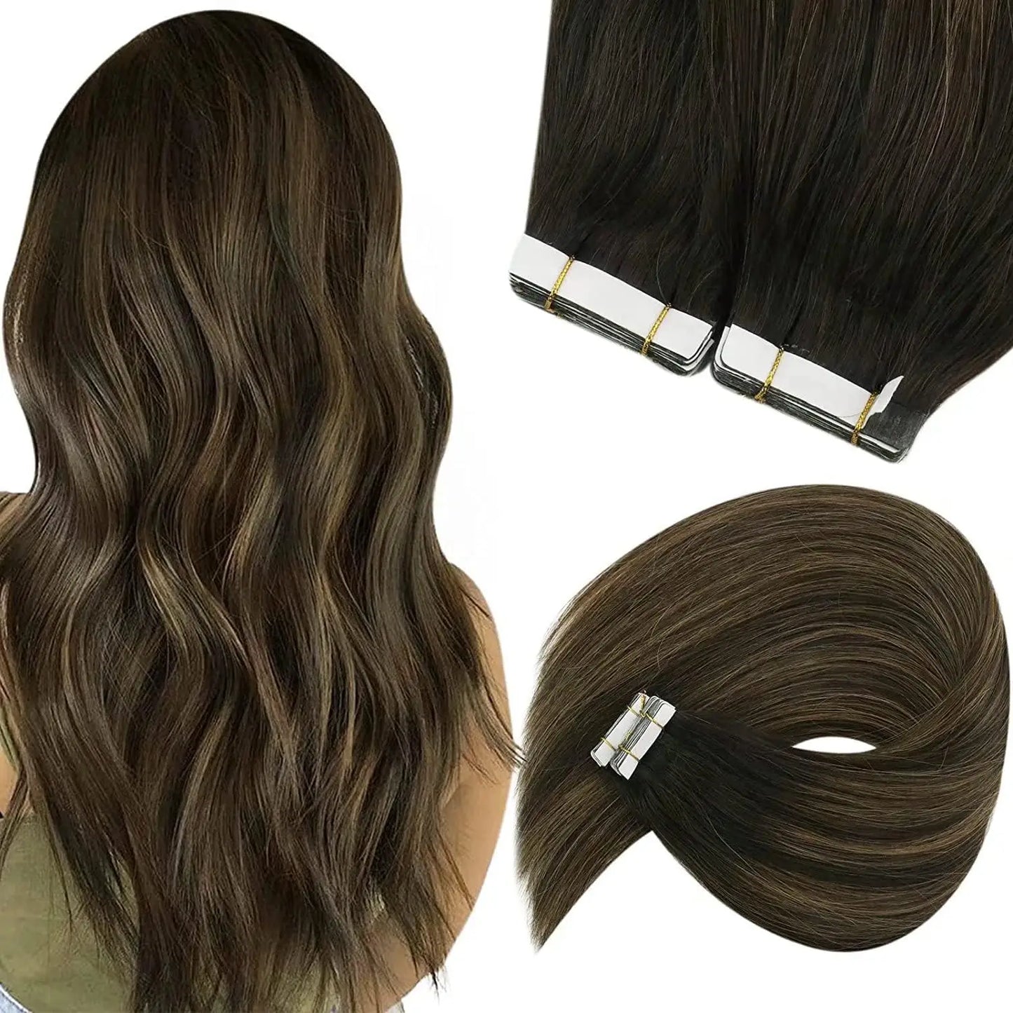 [NEW]VeSunny Tape In Hair Extensions Human Hair Real Natural Hair Balayage Color #4-14-60 Skin Weft Straight Seamless Hair