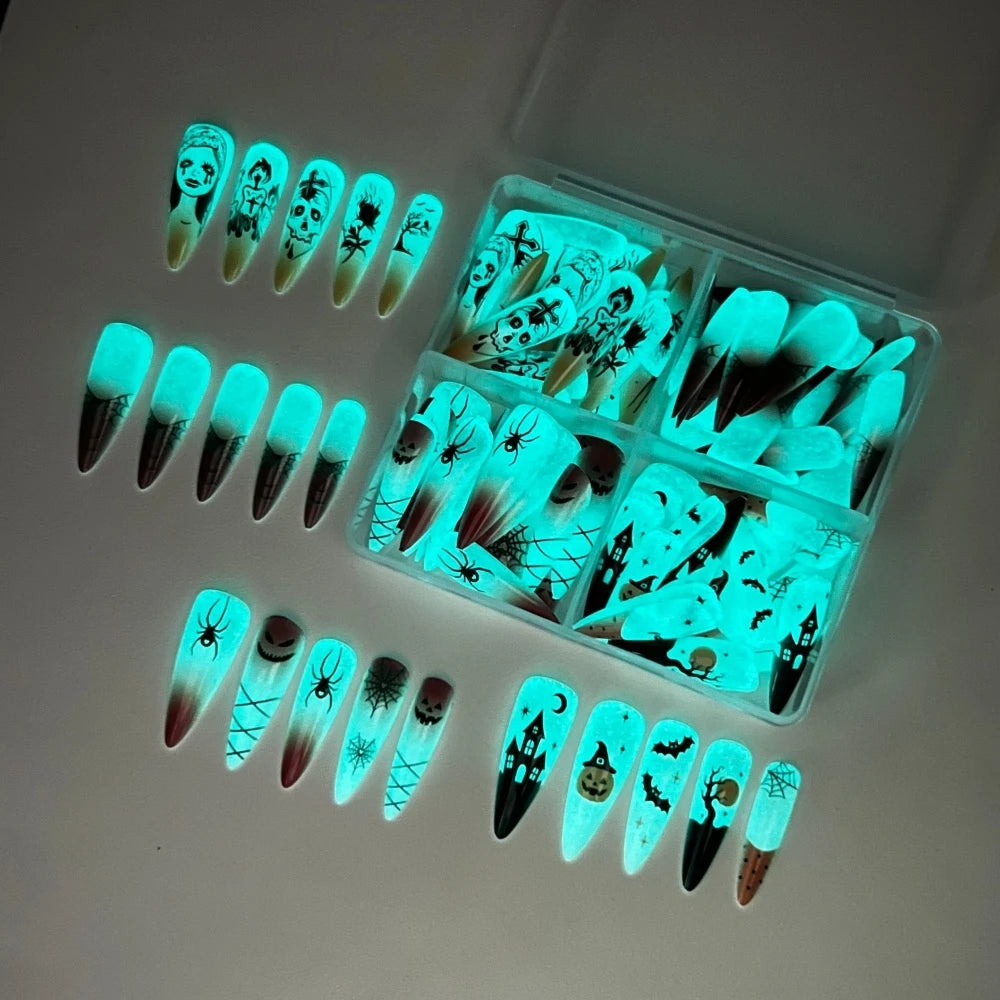 96Pcs Luminous Halloween Press On Nails Stiletto Ghost Skull Spider False Nail Acrylic Nail Art Cosplay Costume Party Night Club