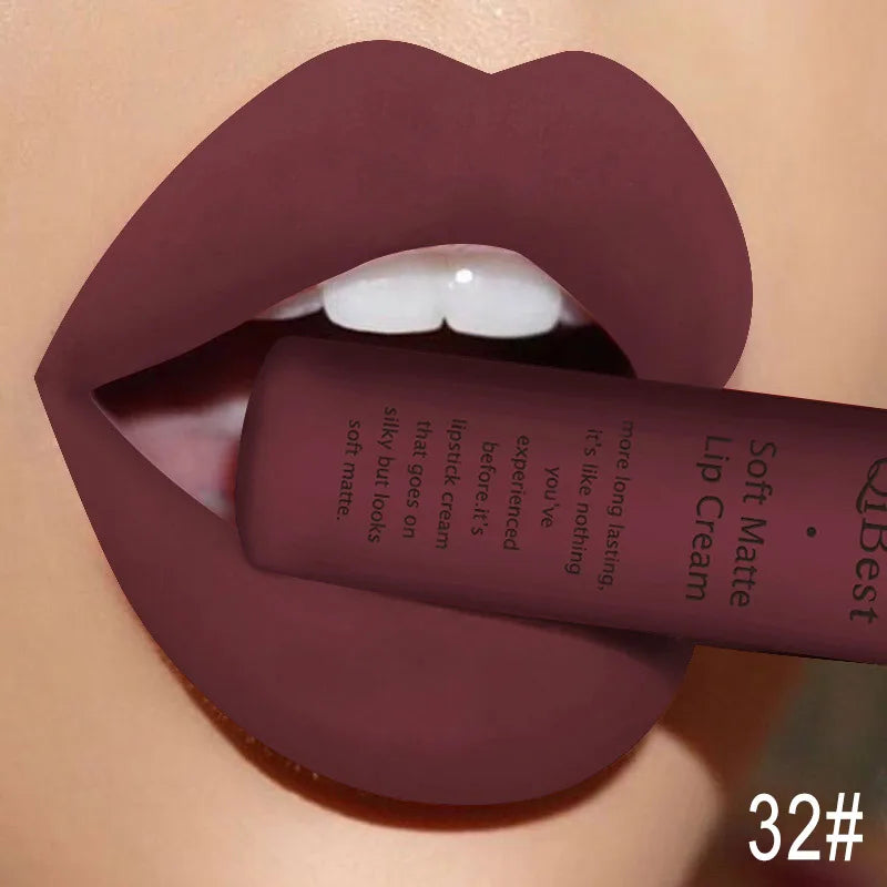 QIBEST Matte Liquid Lipstick Waterproof Lasting Velvet Lip Gloss Tint Tube Nude Pigment Red Black Purple Orange Lipsticks Makeup