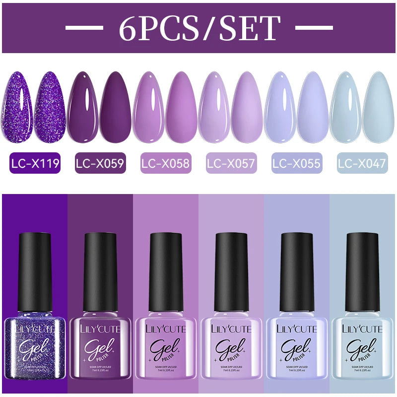 LILYCUE 6Pcs/Set Red Nude Glitter Gel Nail Polish Gorgeous Full Coverage Soak Off UV Gel Nail Art Base Top Coat Gel Polish Kits