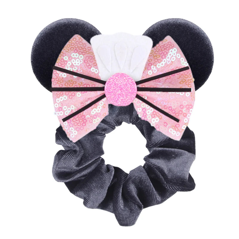 Disney Mouse Ears Velvet Scrunchies Hairband Women Elastic Ponytail Holder Girls Sequin Bow 2023 Kids Party DIY Hair Accessories