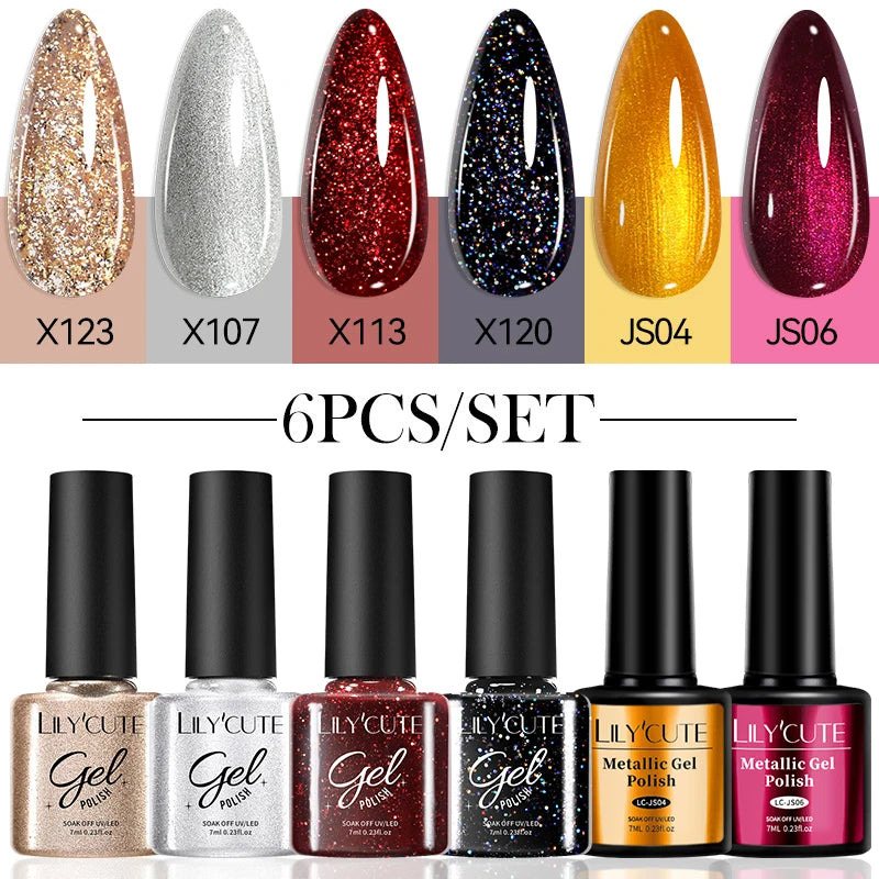 LILYCUE 6Pcs/Set Red Nude Glitter Gel Nail Polish Gorgeous Full Coverage Soak Off UV Gel Nail Art Base Top Coat Gel Polish Kits