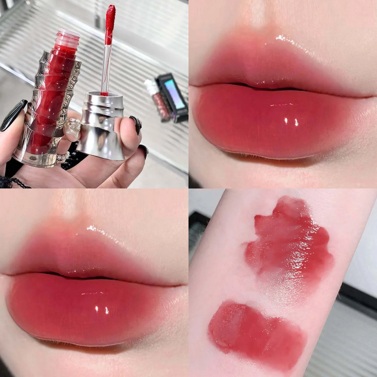 Crystal Punk Red-Brown Glossy Lip Stain Mirror Lip Glaze Sheer Nude Glitter Lip Tint Watery Shine Plumping Makeup Cosmetics