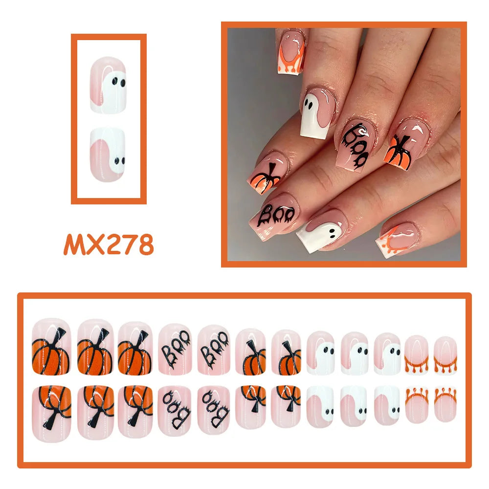 Cute Halloween Nails 24pcs Press On Nails Ghost Pumpkin BOO Letter Design Short Square Fake Nails with 1 Jelly Glue 1 Nail File