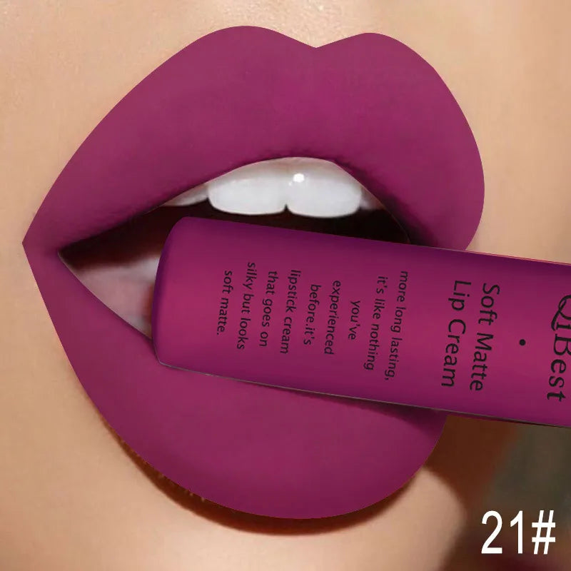 QIBEST Matte Liquid Lipstick Waterproof Lasting Velvet Lip Gloss Tint Tube Nude Pigment Red Black Purple Orange Lipsticks Makeup