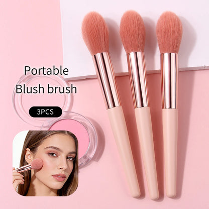 3 pieces of soft fiber makeup brushes: blush brush, powder brush, contour brush and contouring brush, all for makeup application