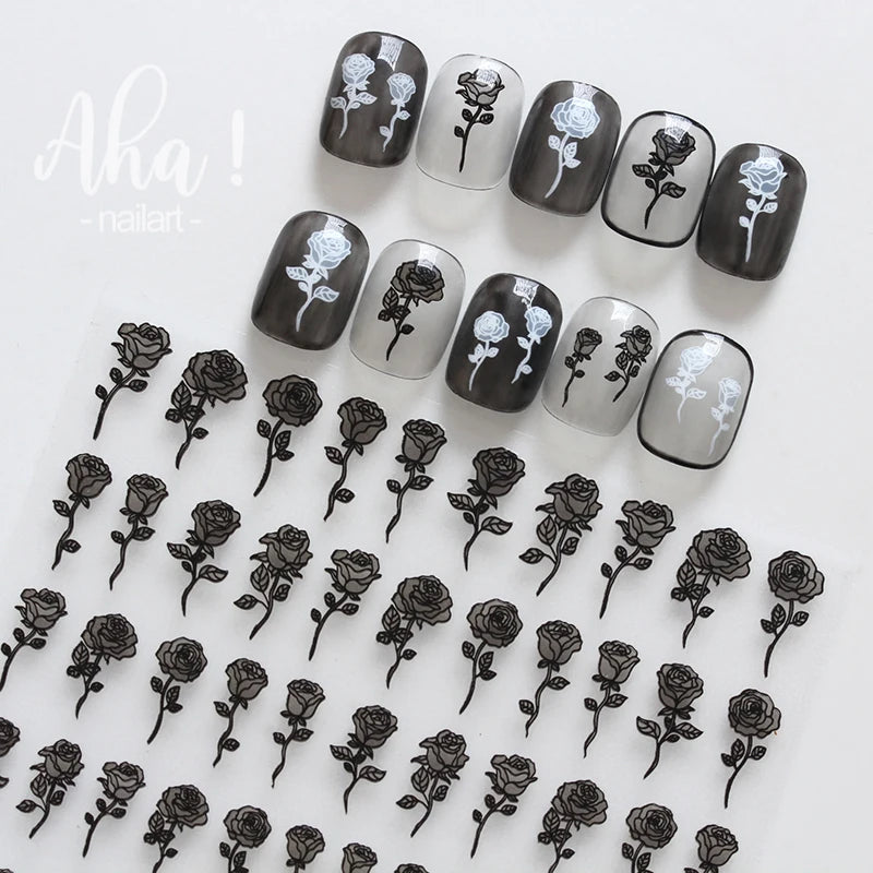 Rose Flower Nail Stickers White Black Silk Ribbon Nail Decal Slider for DIY Nail Decoration 3D Aha Series Manicure Accessories