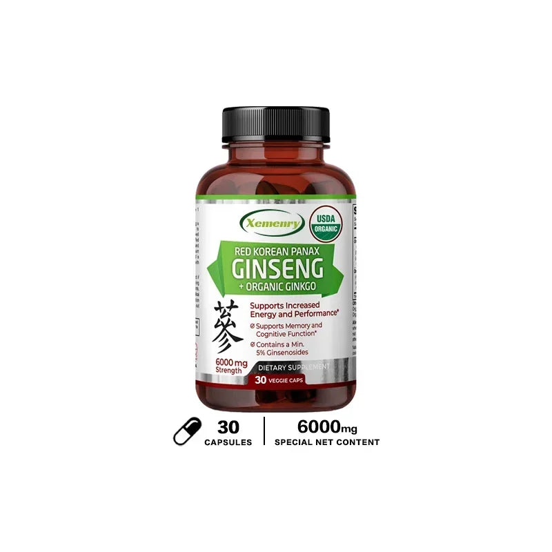 Korean Red Panax Ginseng + Ginkgo Biloba Capsules Increases Energy, Mood, Stamina & Performance, Supports Mental Health