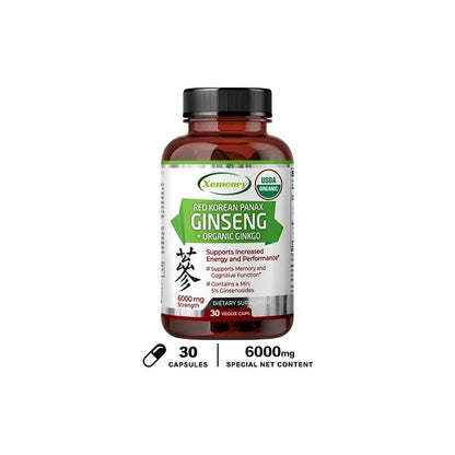 Korean Red Panax Ginseng + Ginkgo Biloba Capsules Increases Energy, Mood, Stamina & Performance, Supports Mental Health