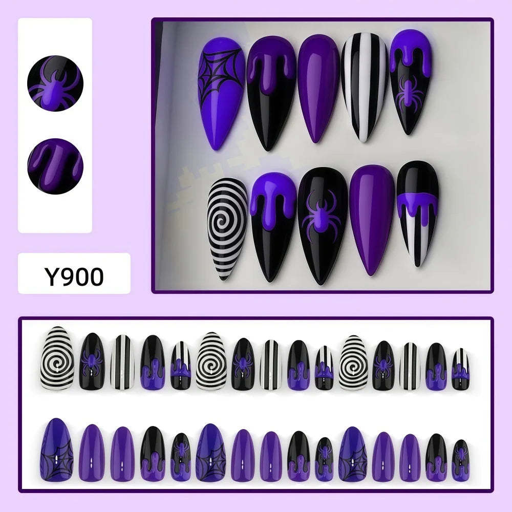 30pcs Gothic Purple Almond Press On Nails for Halloween Spider Wed Pattern Decor Fake nail tips Wearing Spicy Girls False Nails