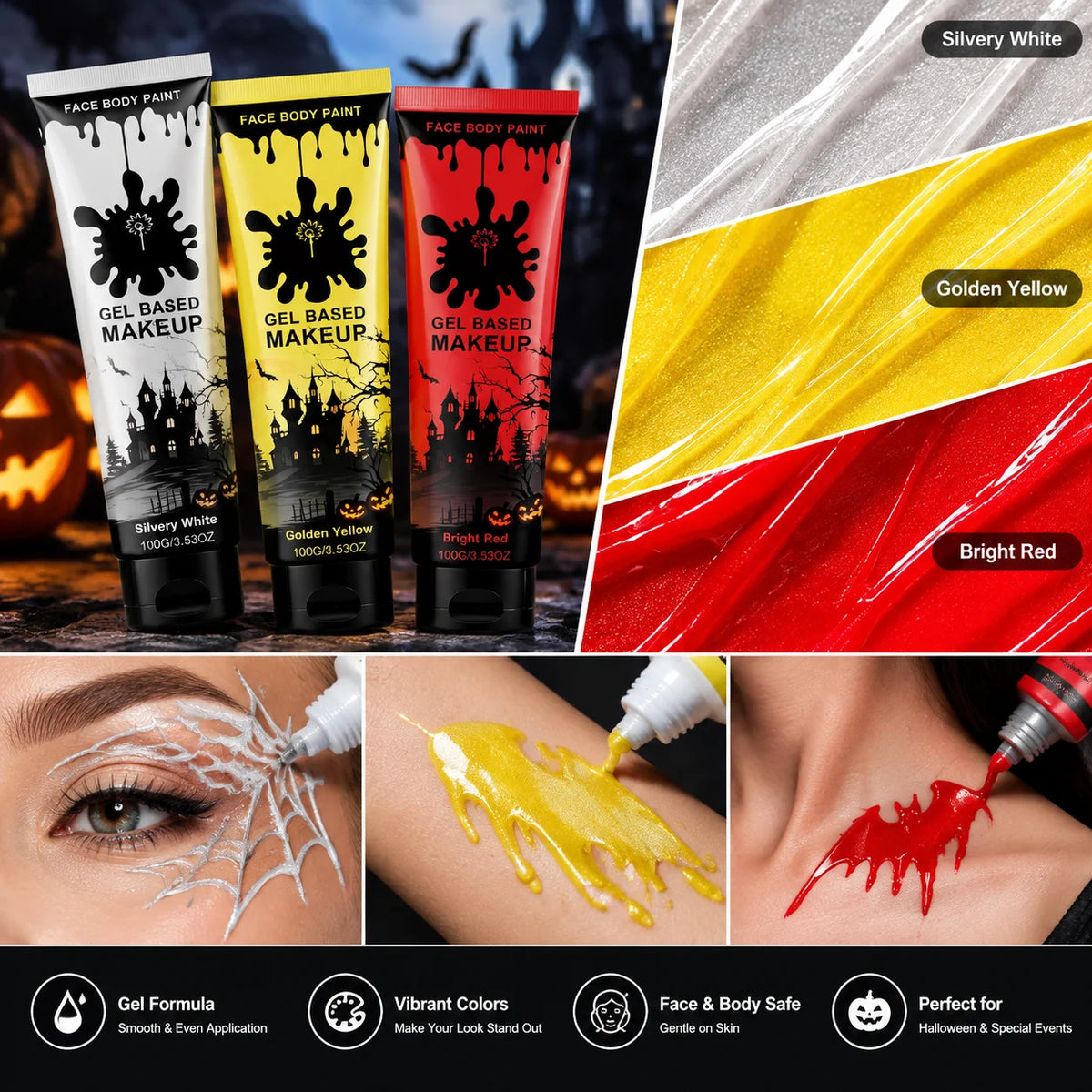 Halloween Body Paint Metallic Glitter Face Makeup Pearl Gold Red 3 Colors Costume Party Long Lasting Easy Remove Skin Safe 100g