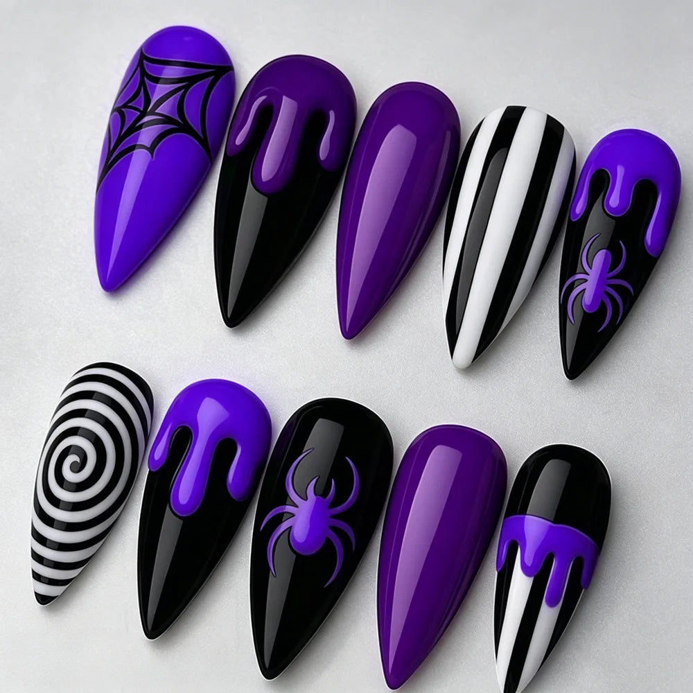 30pcs Gothic Purple Almond Press On Nails for Halloween Spider Wed Pattern Decor Fake nail tips Wearing Spicy Girls False Nails