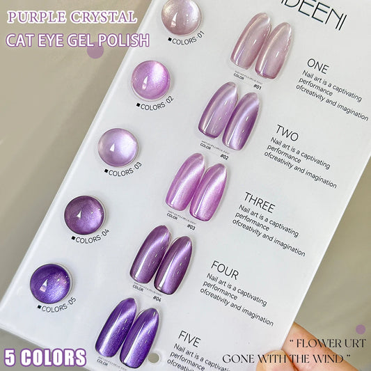 Vendeeni 5 Colors Purple Crystal Cat Eye Gel Nail Polish Set Magnetic UV Soak Off Gel Varnish Lavender Cat Eye Gel With Display