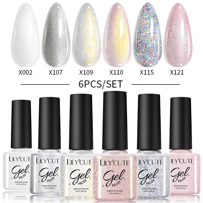 LILYCUE 6Pcs/Set Red Nude Glitter Gel Nail Polish Gorgeous Full Coverage Soak Off UV Gel Nail Art Base Top Coat Gel Polish Kits