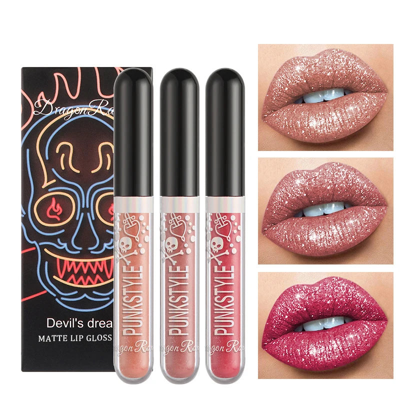 Halloween Lip Gloss Set, 3-Piece Non-Stick Shiny Lipstick, Glittery Purple and Black Lip Colors, Long-Lasting, Non-Transfer