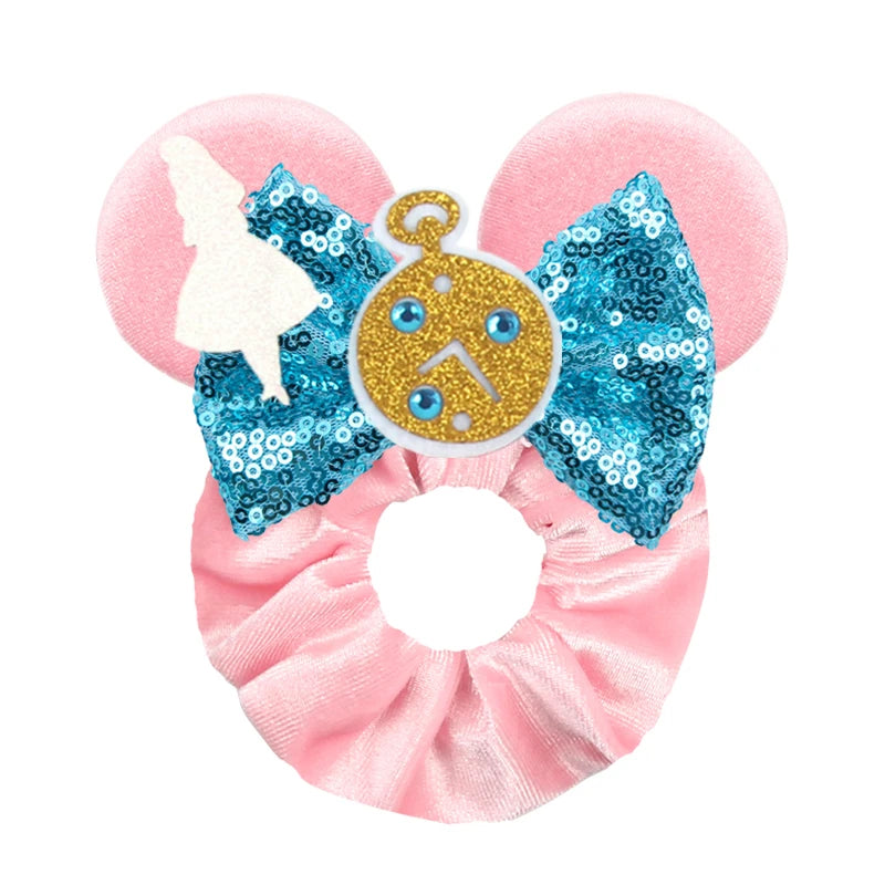 Disney Mouse Ears Velvet Scrunchies Hairband Women Elastic Ponytail Holder Girls Sequin Bow 2023 Kids Party DIY Hair Accessories