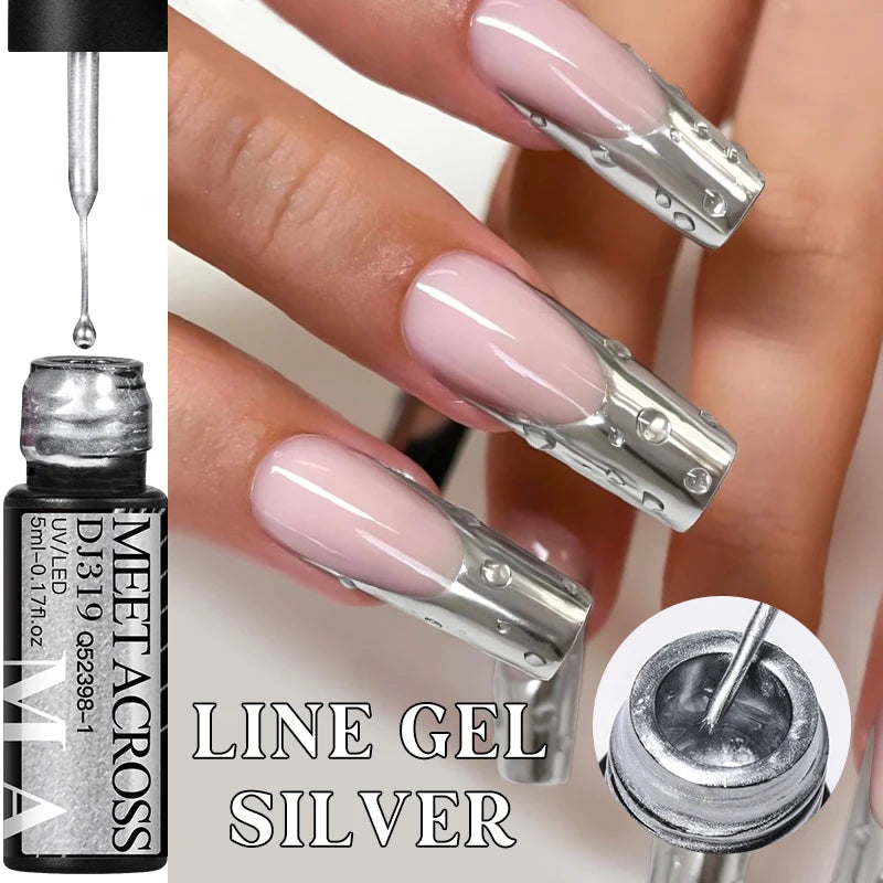 MEET ACROSS 5ml Sliver Metallic Liner Gel Nail Polish Super Bright Mirror Effect Painting Drawing Line Graffiti Stripe Nail Art