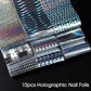 10pcs Holographic Chrome Silver Nail Art Foil Transfer Stickers Irridescent Rainbow Geometric Aurora Laser Nail Foils Decoration