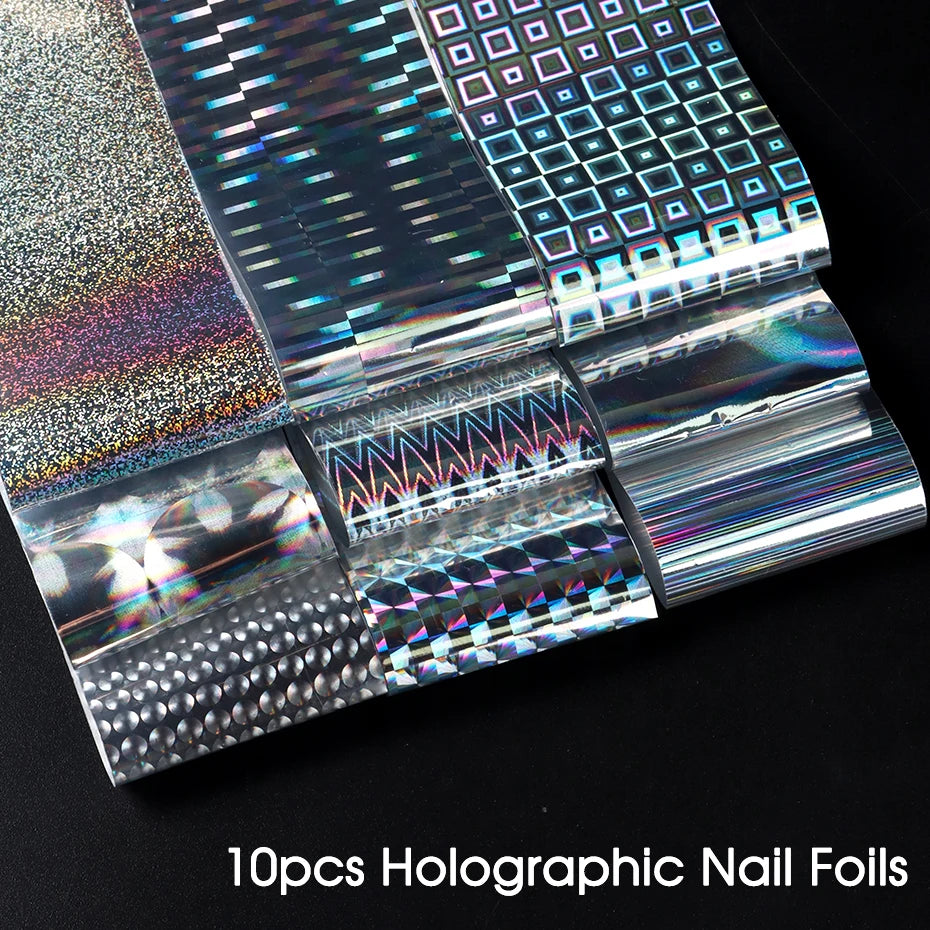 10pcs Holographic Chrome Silver Nail Art Foil Transfer Stickers Irridescent Rainbow Geometric Aurora Laser Nail Foils Decoration