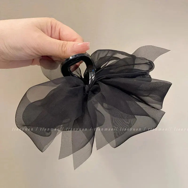 Fashion Mesh Tulle Large Bow Grab Clip Elegant Retro Female Net Yarn Ponytail Braid Claw Clip Hair Accessories Gift Headdress