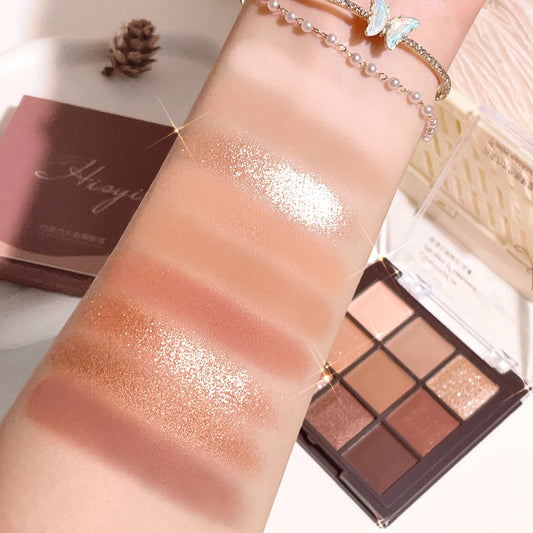 9-Color Chocolate Eyeshadow Palette with Pearl Shine, Fine Glitter, Matte Earth Tones, and Highlighting for Makeup