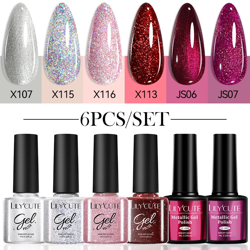 LILYCUE 6Pcs/Set Red Nude Glitter Gel Nail Polish Gorgeous Full Coverage Soak Off UV Gel Nail Art Base Top Coat Gel Polish Kits