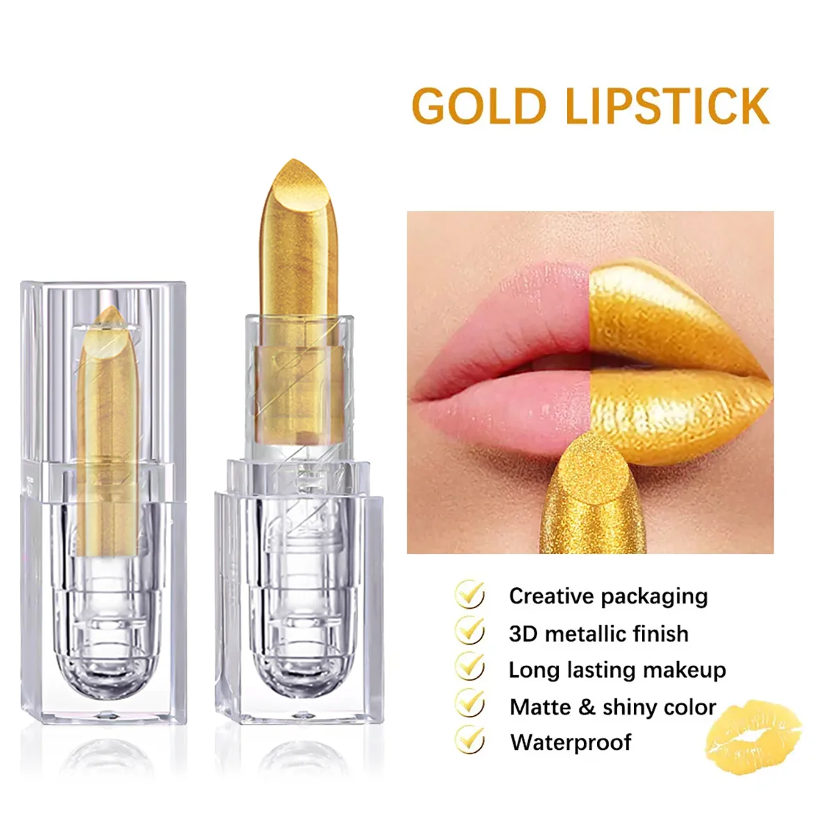 High-pigmented Gold Lipstick Shiny Metallic Matte Velvet Waterproof Long Lasting Sexy Gold Lip Gloss Women Lip Makeup Halloween