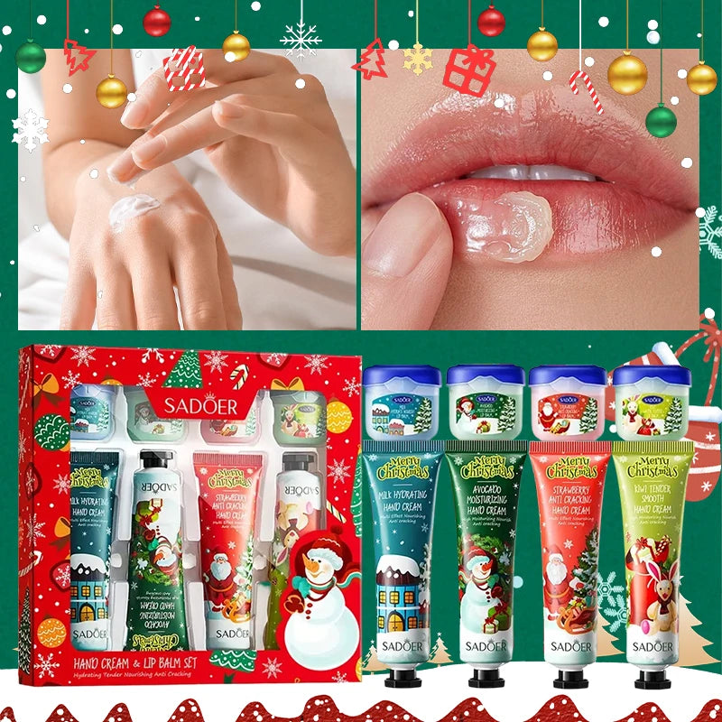 Christmas Hand Cream and Lip Balm Set, 4 hand creams and 4 lip balms, nourishing lip mask, moisturizing formula, gentle care