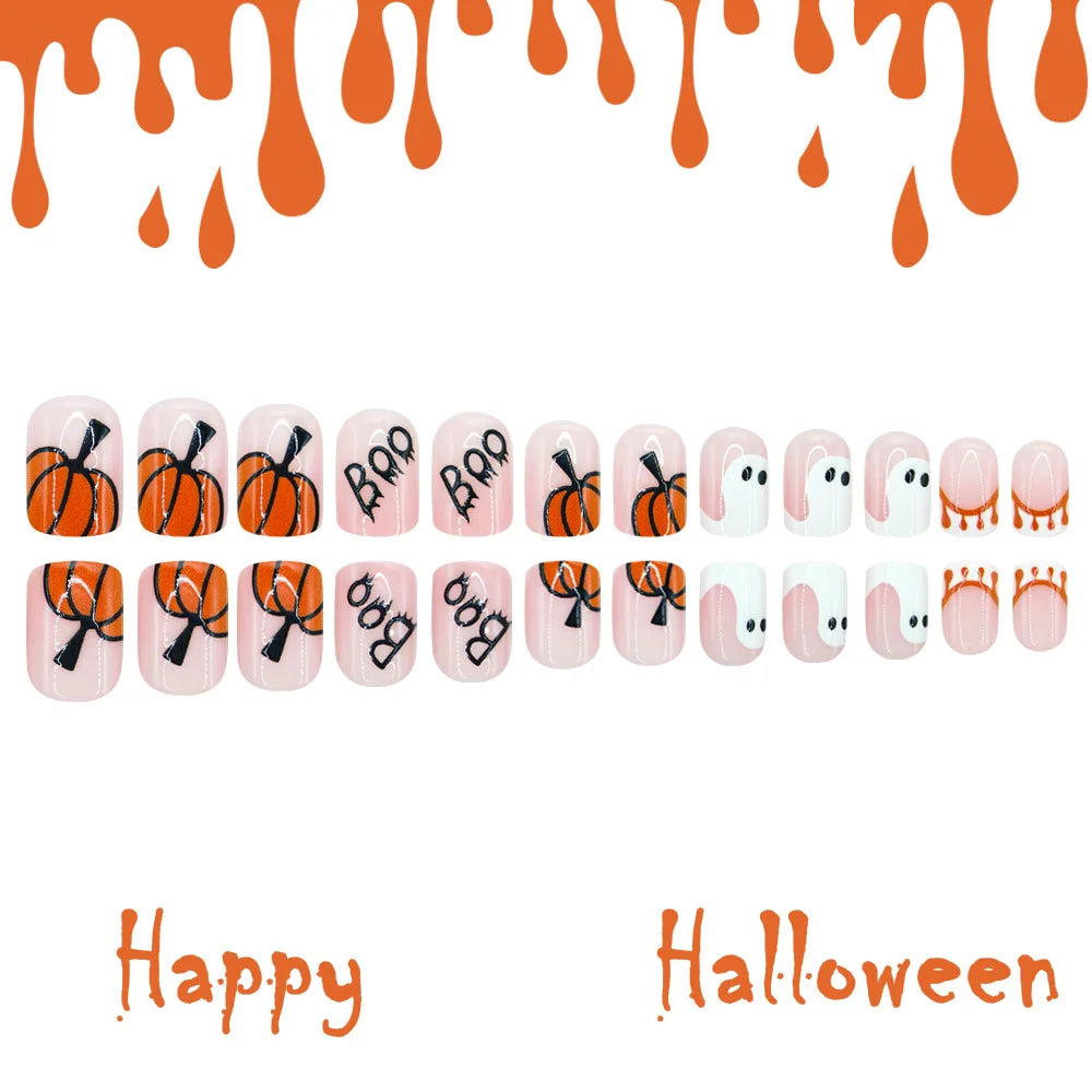Cute Halloween Nails 24pcs Press On Nails Ghost Pumpkin BOO Letter Design Short Square Fake Nails with 1 Jelly Glue 1 Nail File