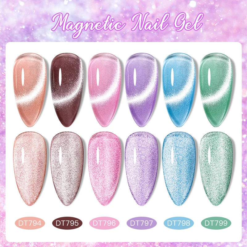 MEET ACROSS 7Pcs/Set Cat Magic Magnetic Gel Nail Polish Sparking Semi-Transparent Sea Blue Effect Soak Off UV Gel Varnish Kit