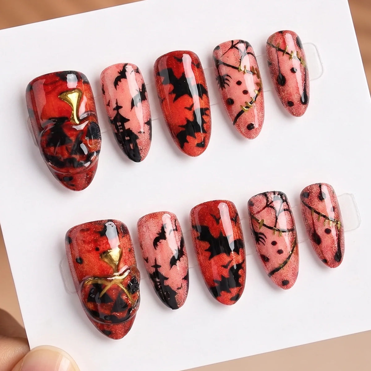 24pcs Halloween Blood French Fake Nail Tips Sweet Cool Bat Skeleton Pattern Round Almond Press on Nails Spider Web False Nail