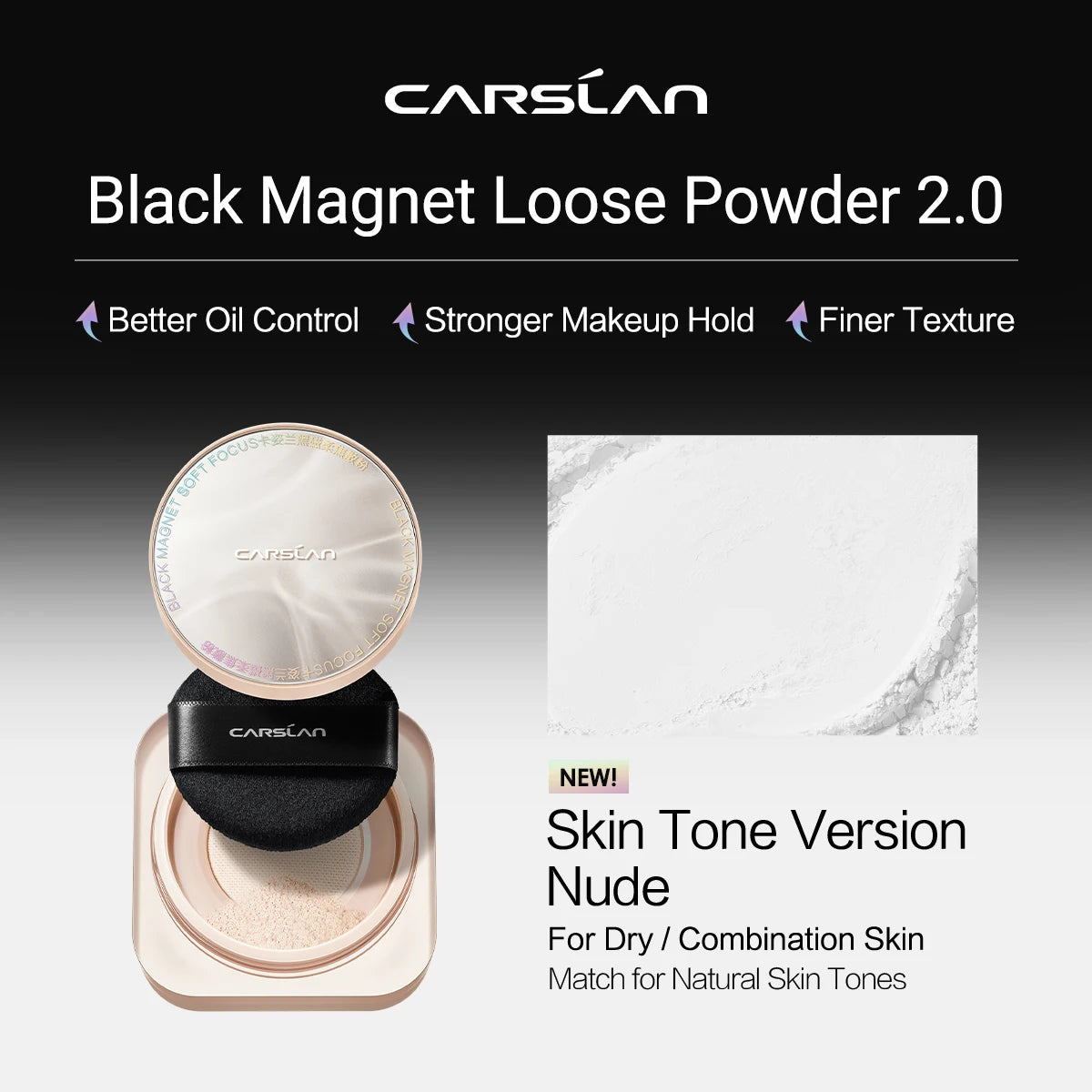 CARSLAN Black Magnetic Translucent Loose Setting Powder Makeup Waterproof Long Lasting Matte Oil Control Finishing Face Powder