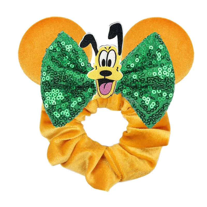 Disney Mouse Ears Velvet Scrunchies Hairband Women Elastic Ponytail Holder Girls Sequin Bow 2023 Kids Party DIY Hair Accessories