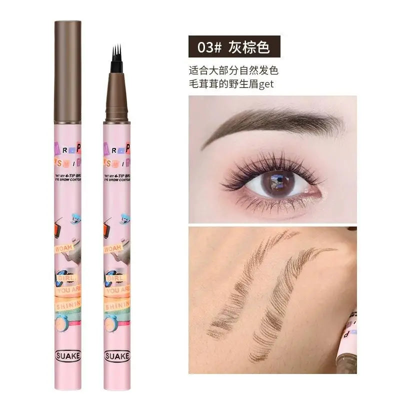 4 Colors Waterproof Eyebrow Pen with 4-Fork Tip – Long-Lasting, Natural Dark Brown Liquid Brow Enhancer
