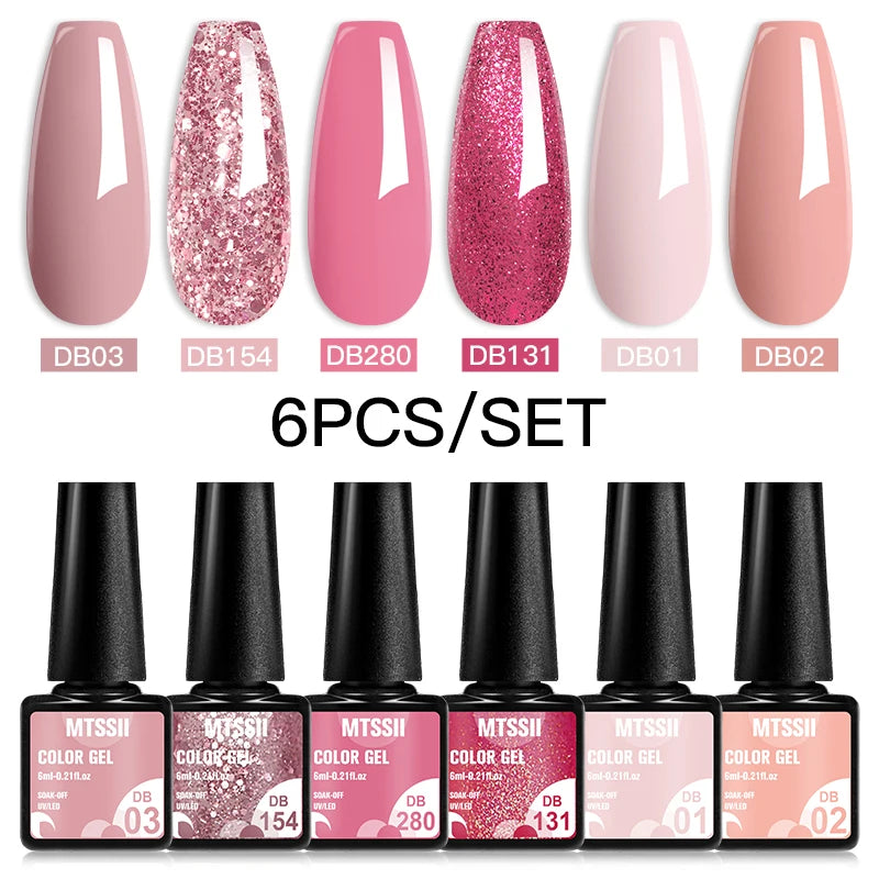 Mtssii 6PCS/Set Sparkly Nude Pink Gel Nail Polish Glitter Semi Permanent Nail Art LED UV Soak Off Gel Varnish Nail Supplies