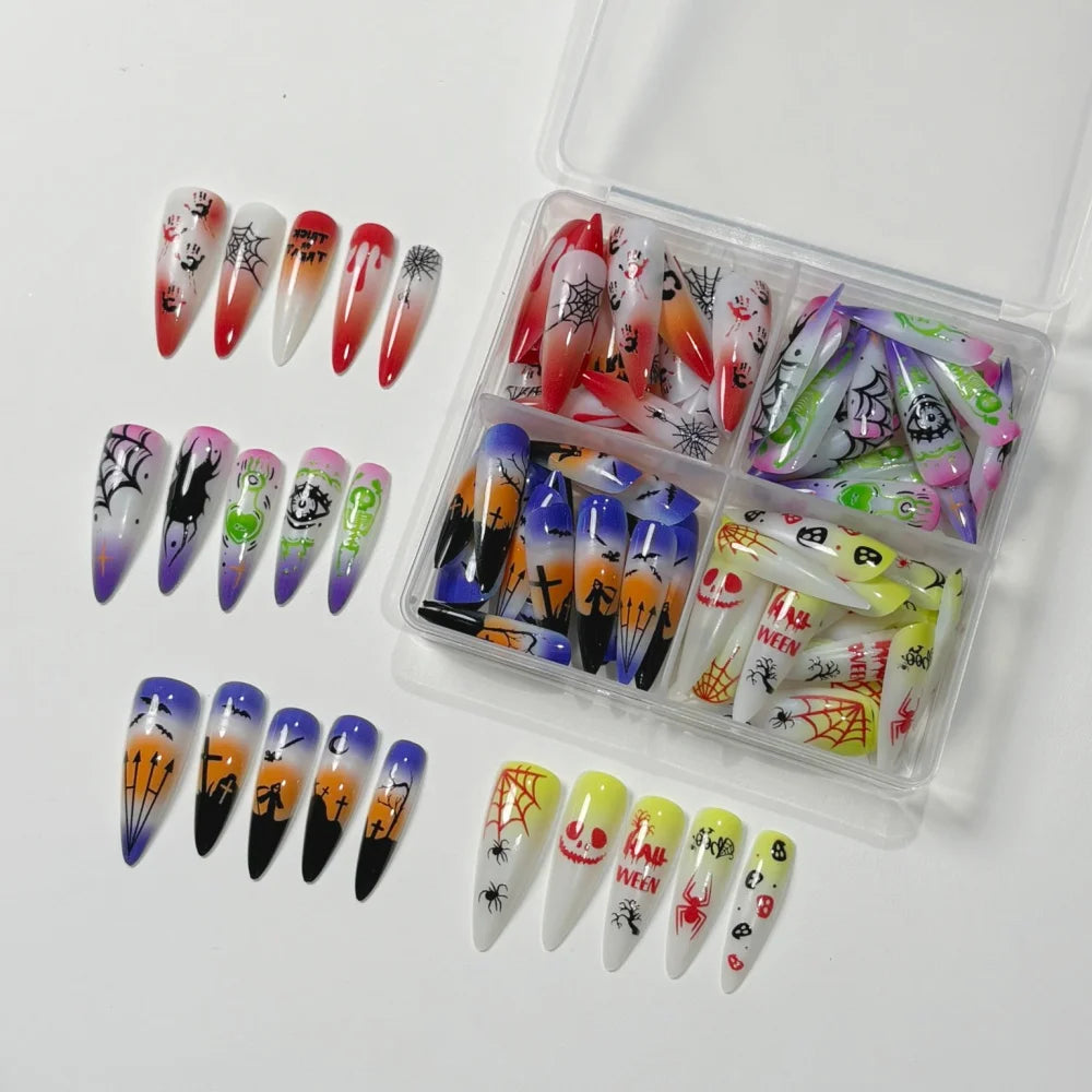 96Pcs Luminous Halloween Press On Nails Stiletto Ghost Skull Spider False Nail Acrylic Nail Art Cosplay Costume Party Night Club